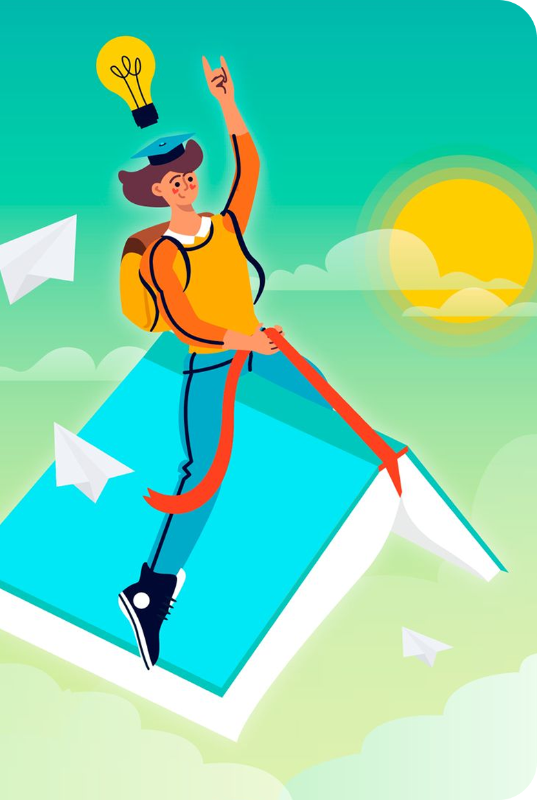 Student flying on book
